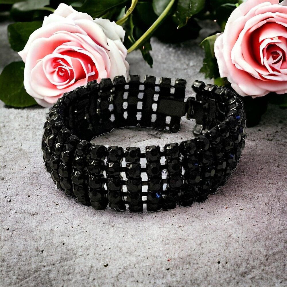 Vintage Rare Signed Weiss Jet Black Rhinestone Bracelet 5 Row‎ Retro Art Deco